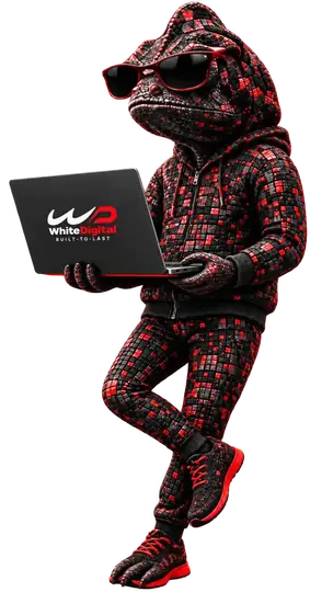 Gecko mascot exploring ChatGPT advertising opportunities on a laptop