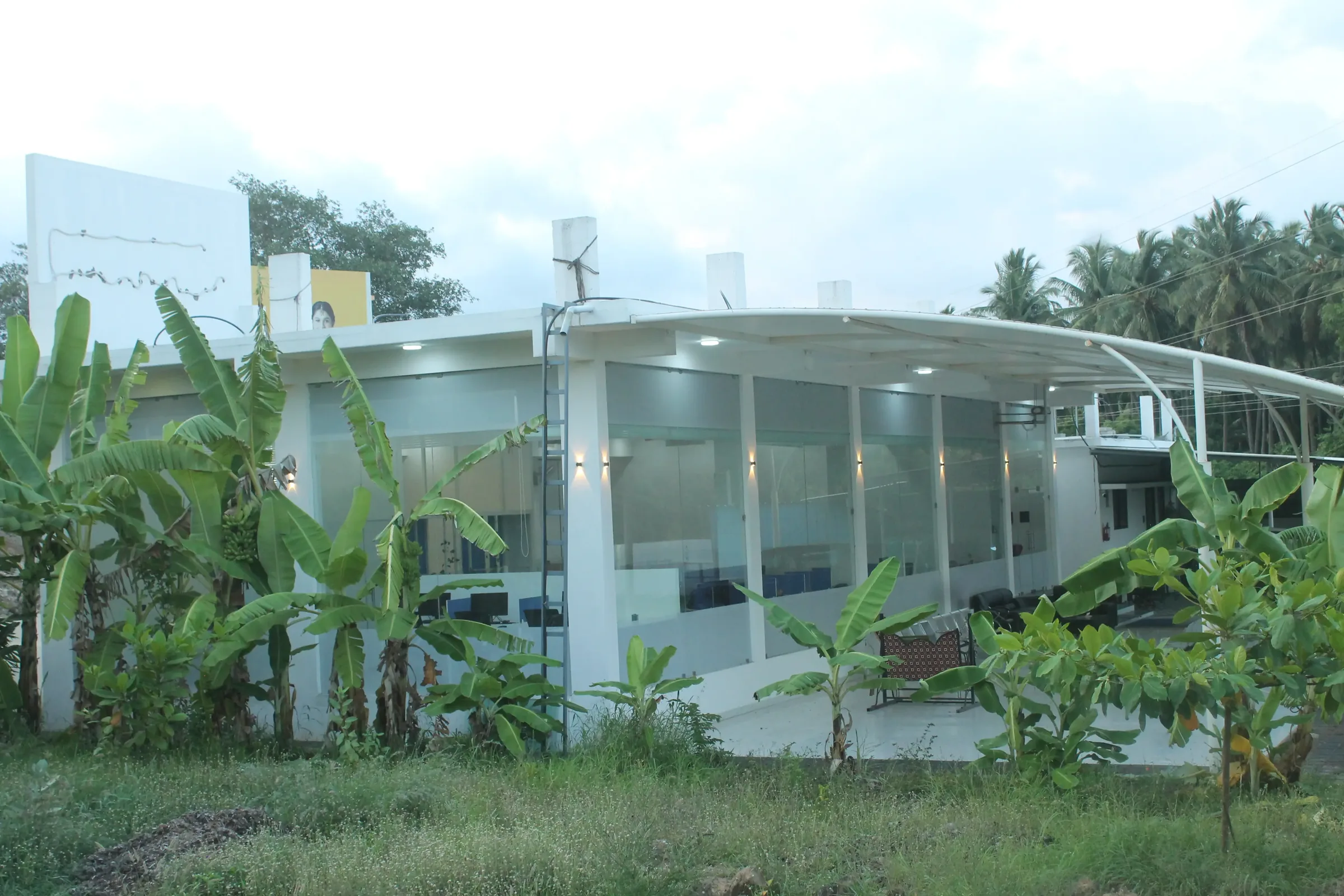 SubmitInMe's office campus, with an on-site pool and palm-lined grounds