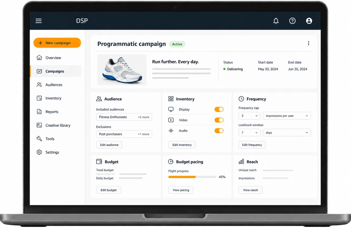 Amazon DSP programmatic campaign management workspace with audience, inventory, frequency, budget, and reach controls