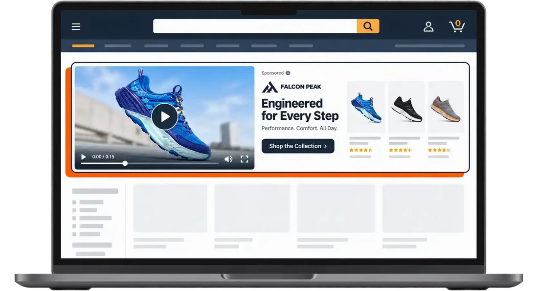 Amazon Sponsored Brands video ad placement in a storefront mockup