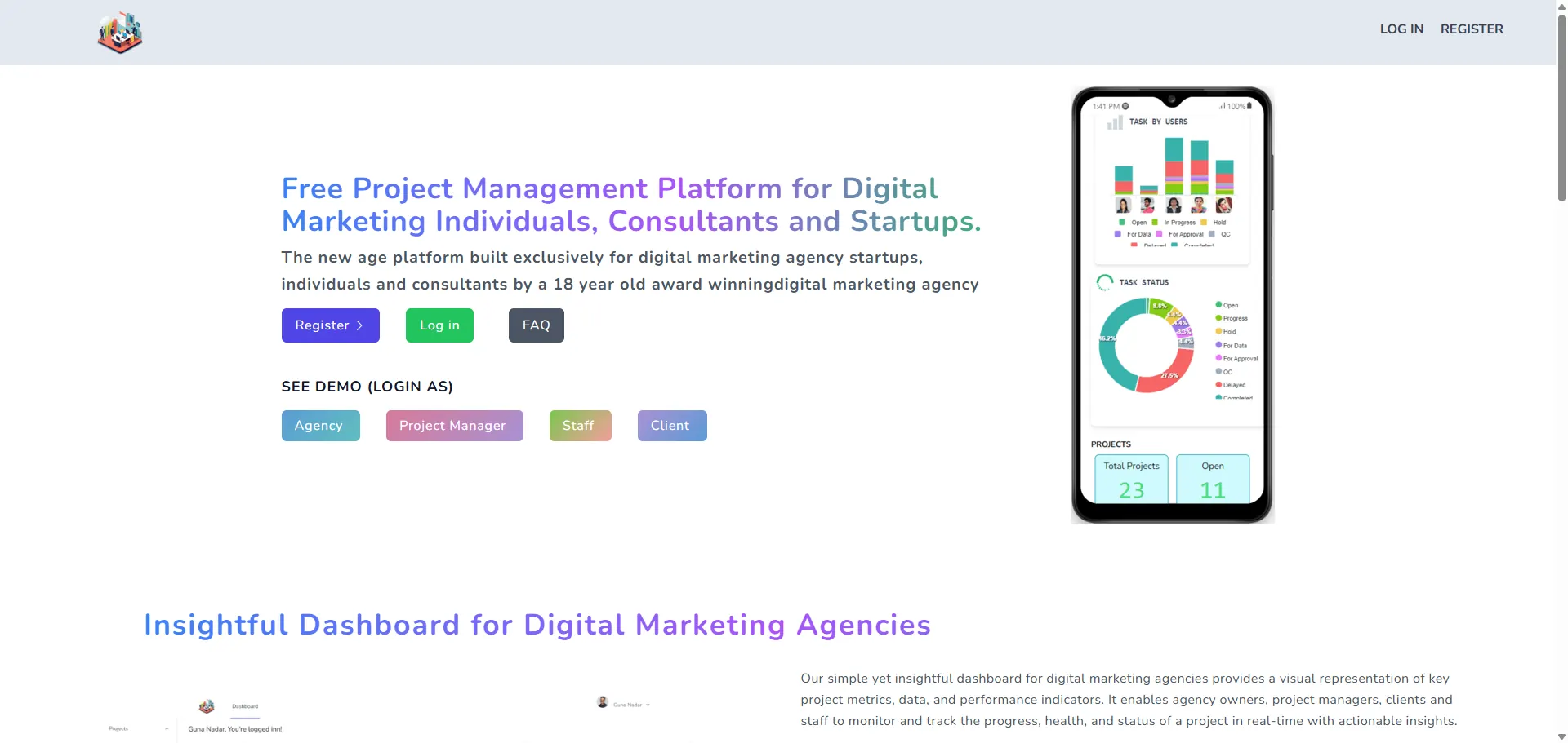 EzyPMS landing page presenting the project management platform for digital marketing teams