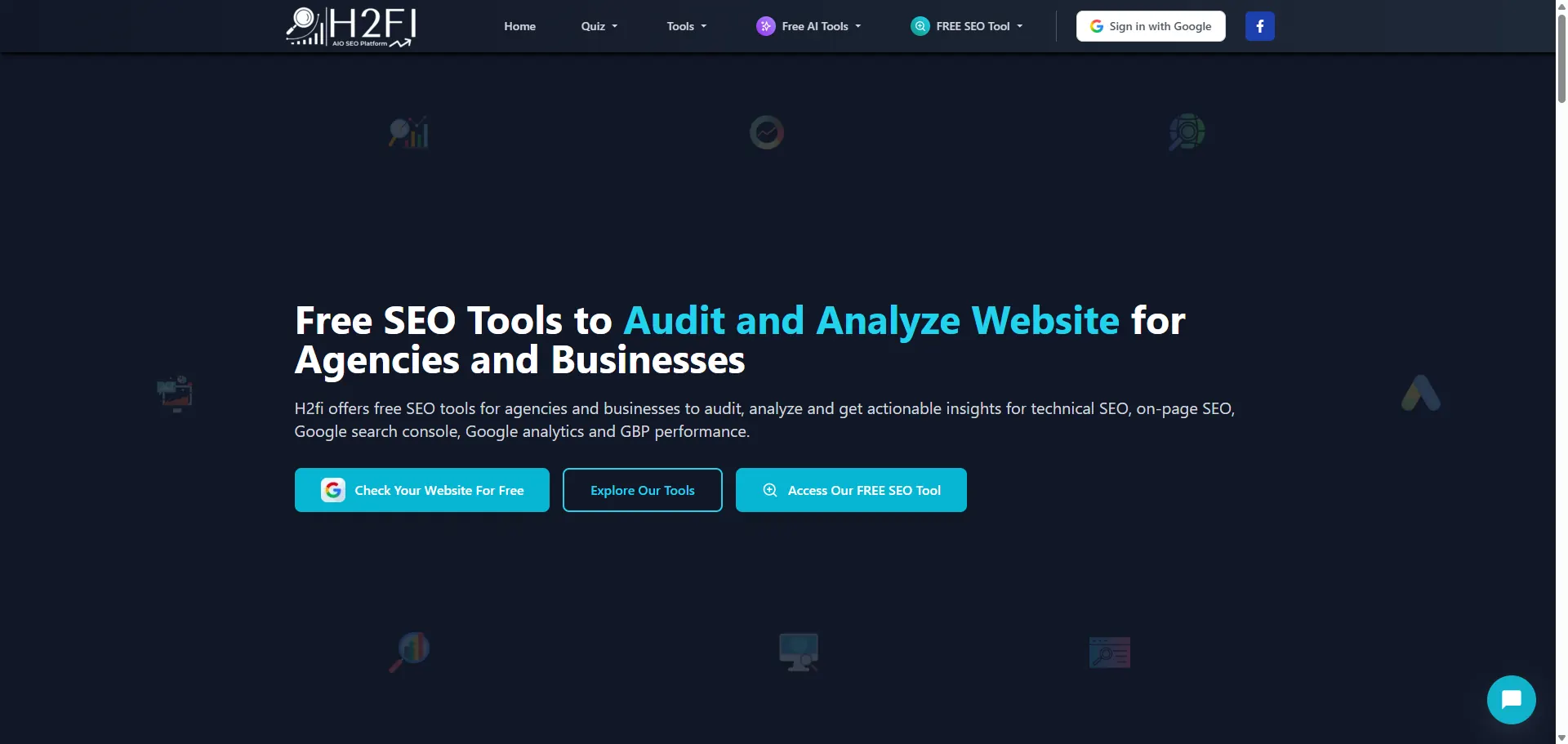 H2Fi homepage listing the free SEO audit and analysis tools