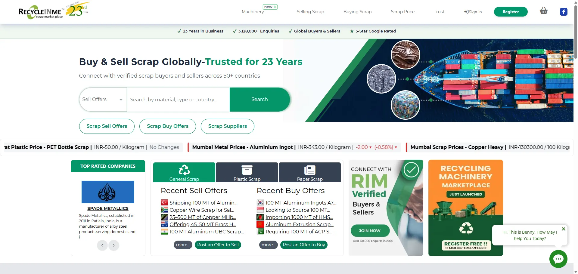 RecycleInMe homepage showing the global scrap trading marketplace
