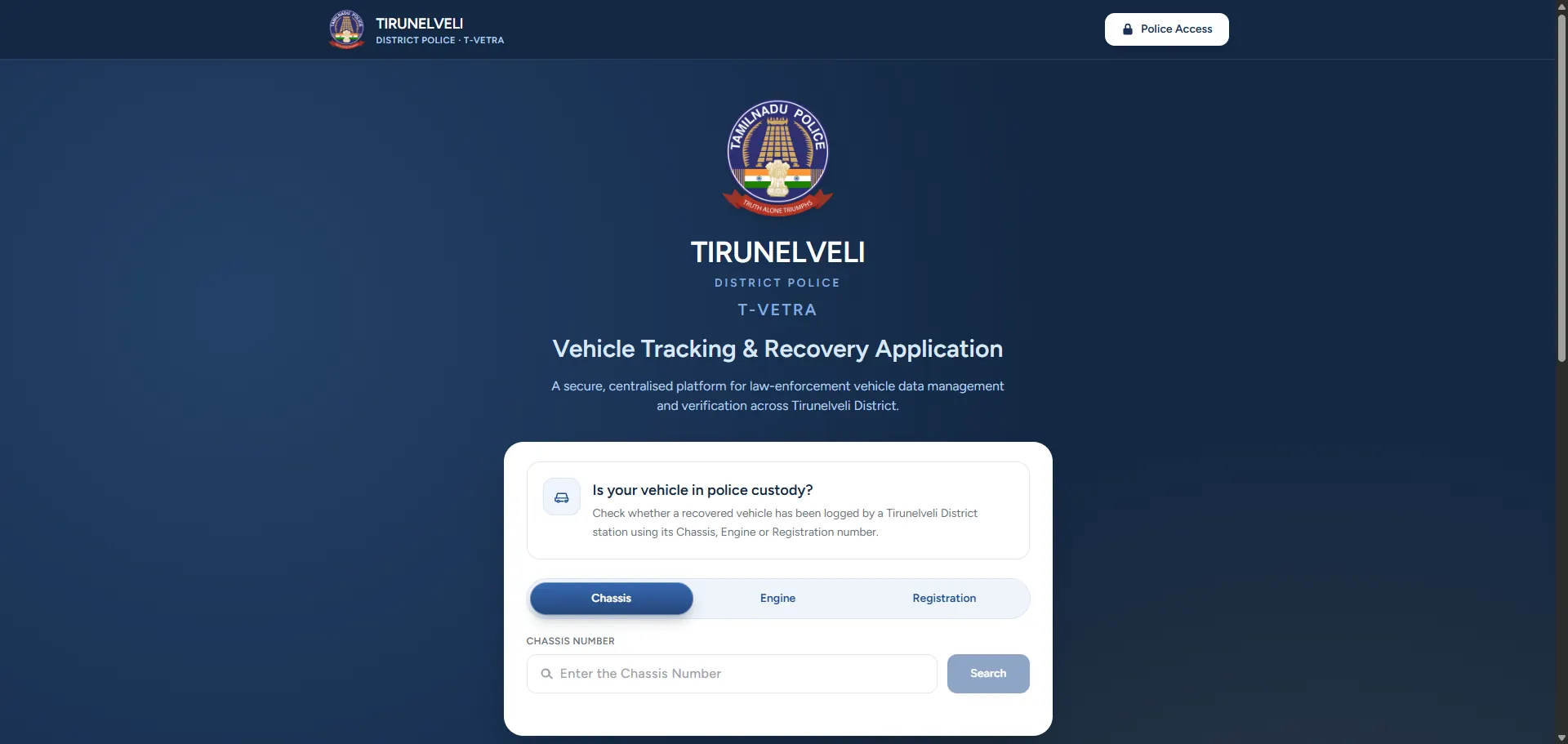 T-VETRA public landing page where citizens can check if a vehicle is in police custody