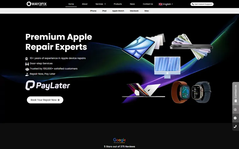 Device repair service website homepage