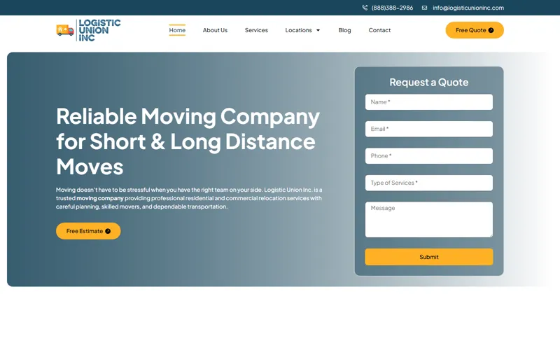 Moving company website homepage