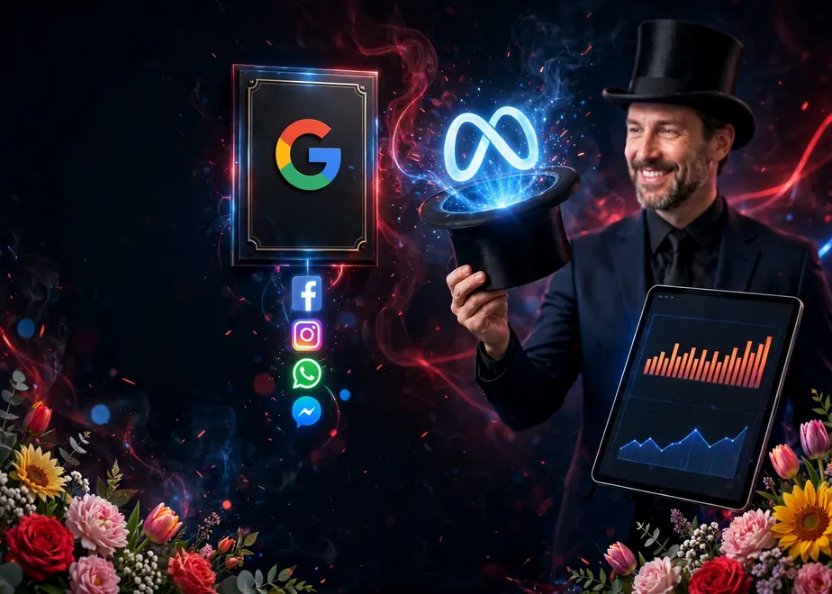 Google Ads and Meta Ads illustration with fresh flowers