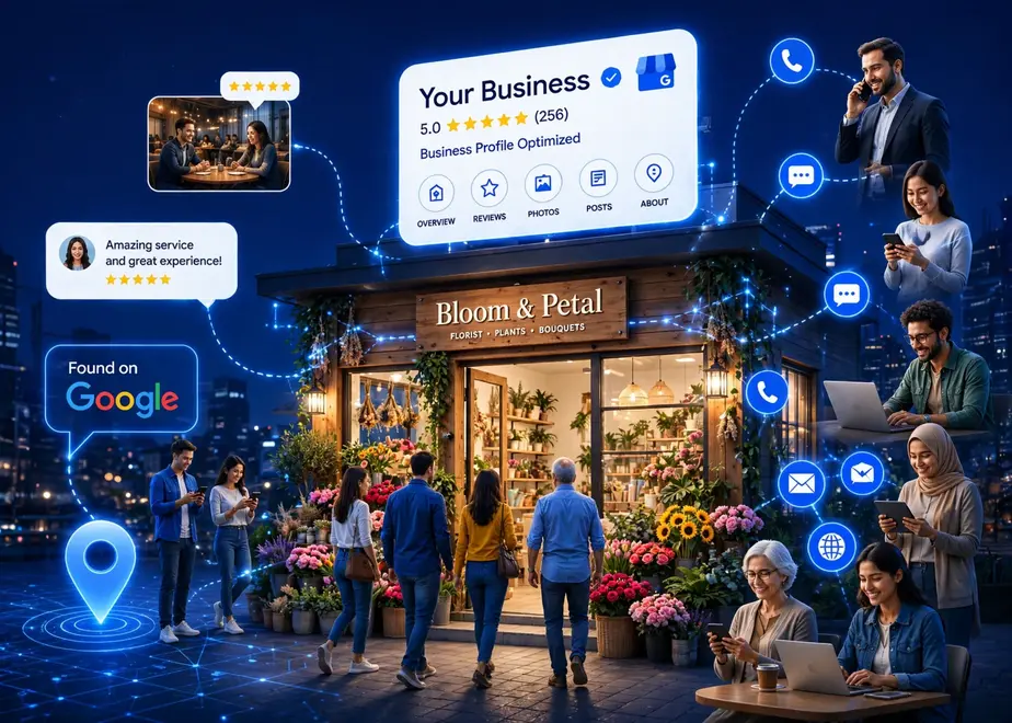 Customers finding a local flower shop on Google