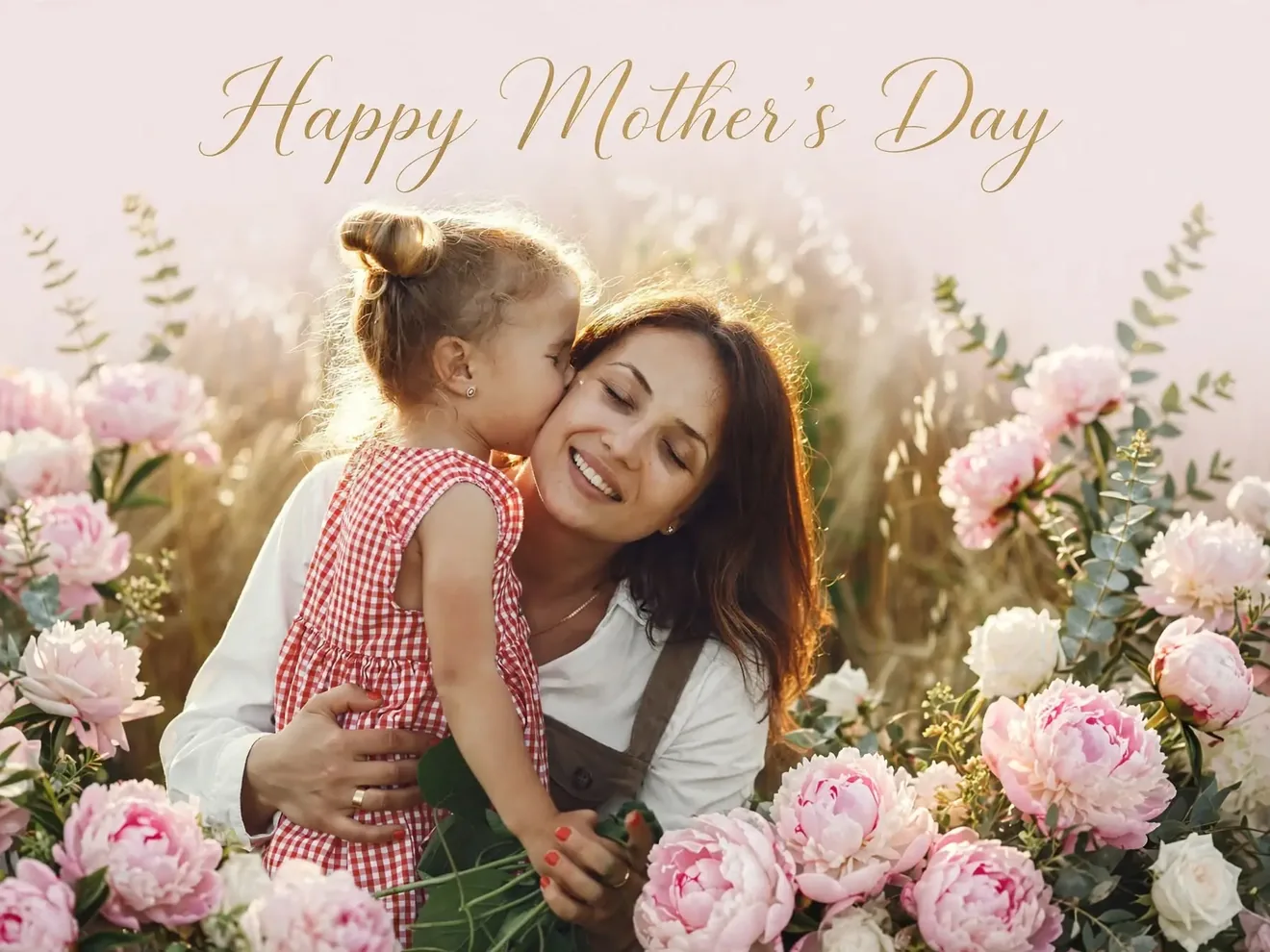 Daughter kissing her smiling mother among pink peonies under a Happy Mother's Day greeting
