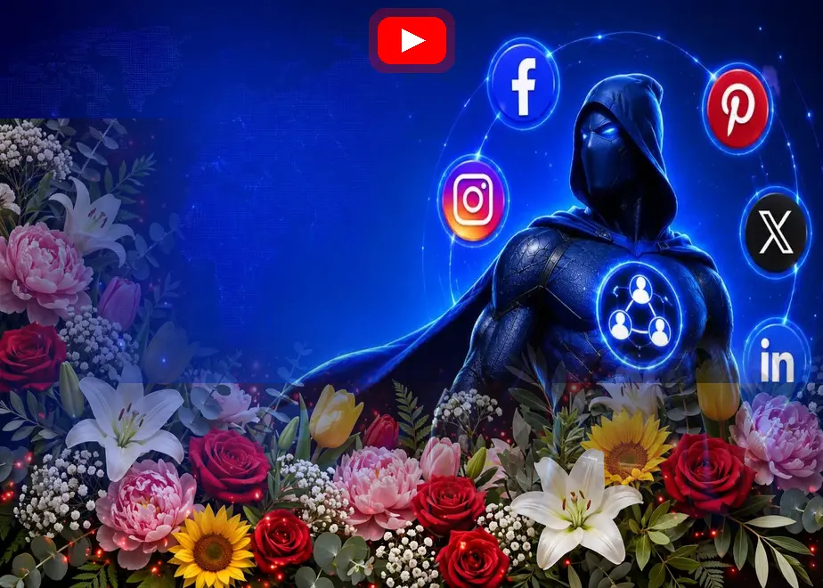 Social media hero with icons above a bed of roses, lilies, and sunflowers