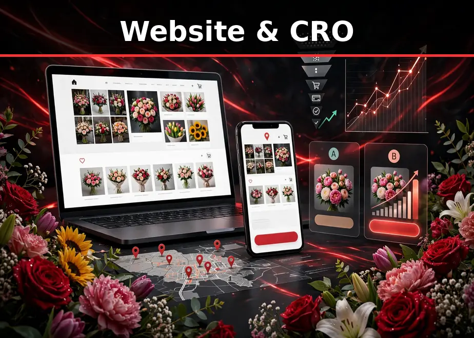 Florist website on laptop and phone with delivery-zone map