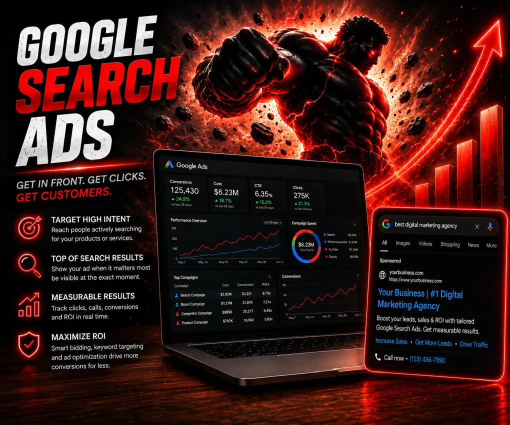 White label Google Ads Search campaign dashboard showing conversions, cost, ROAS and a Google Premier Partner 2026 badge