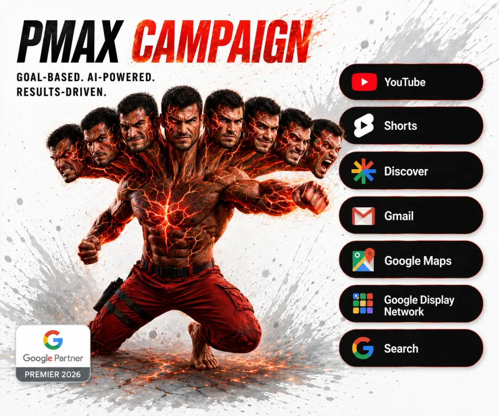 White label Google Performance Max campaign dashboard showing cross-channel performance