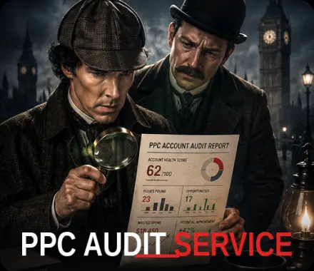 PPC audit service report showing account health score, issues found and potential improvements