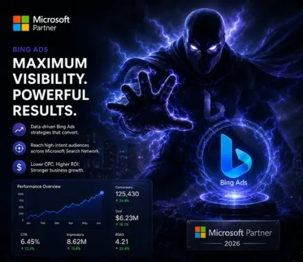 White label Bing Ads service showing performance metrics and Microsoft Partner badge