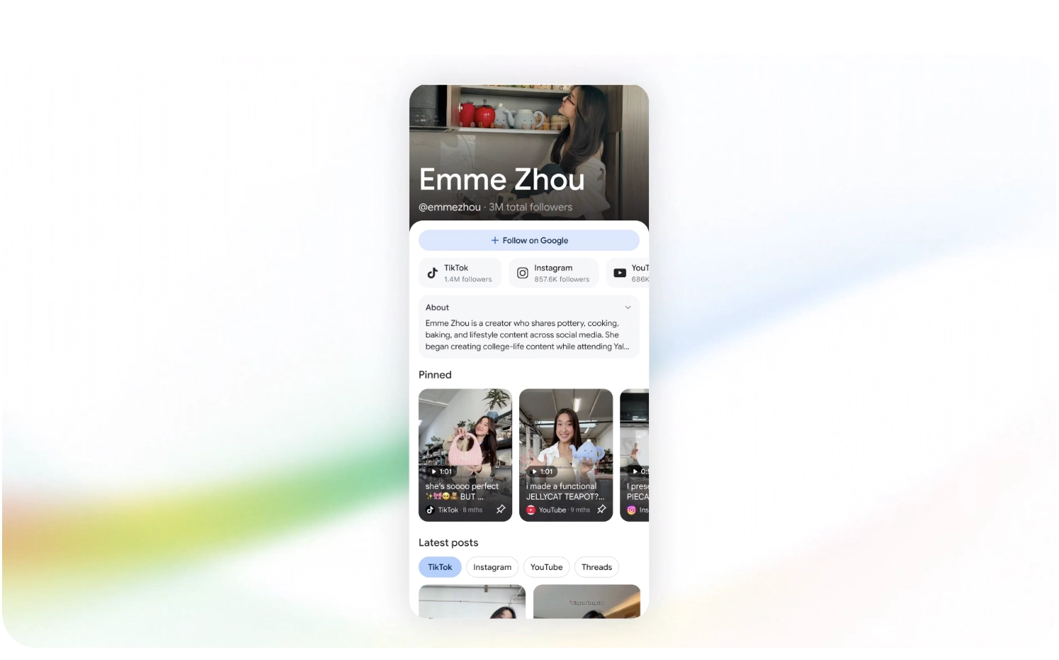Google creator profile in AI Search showing social channels, pinned videos, and linked creator content across multiple platforms.