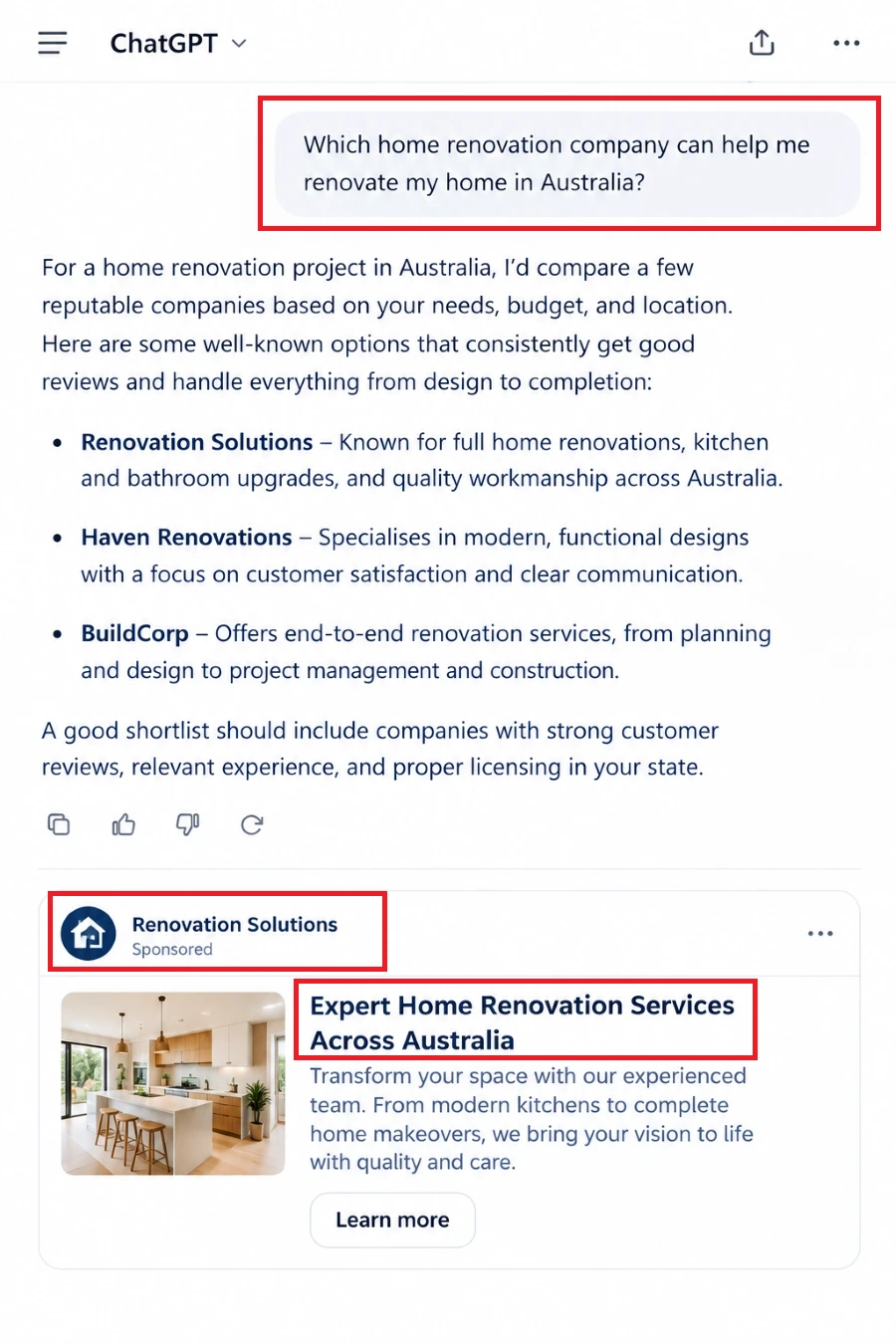 ChatGPT sponsored ads for a home renovation business in Australia