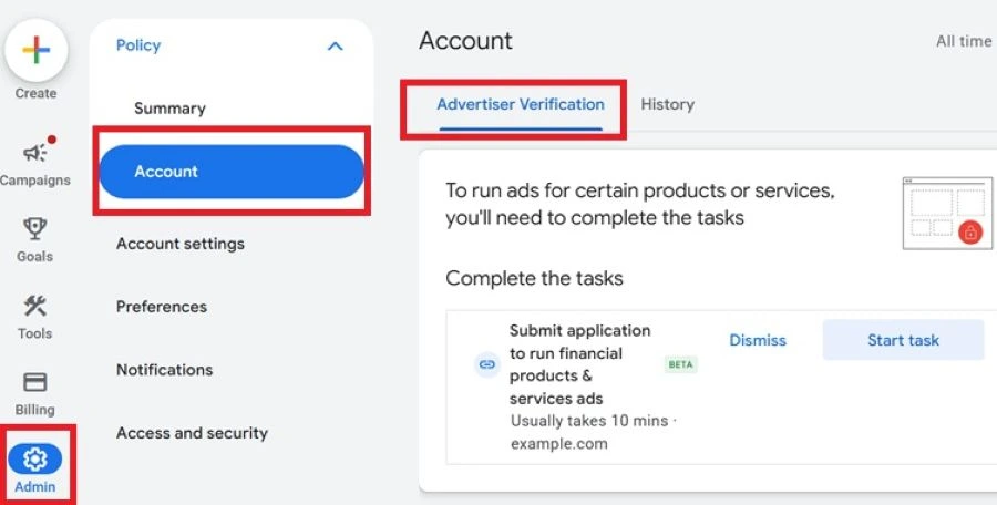 Google Ads navigation to the Advertiser Verification page Google Ads navigation to the Advertiser Verification page