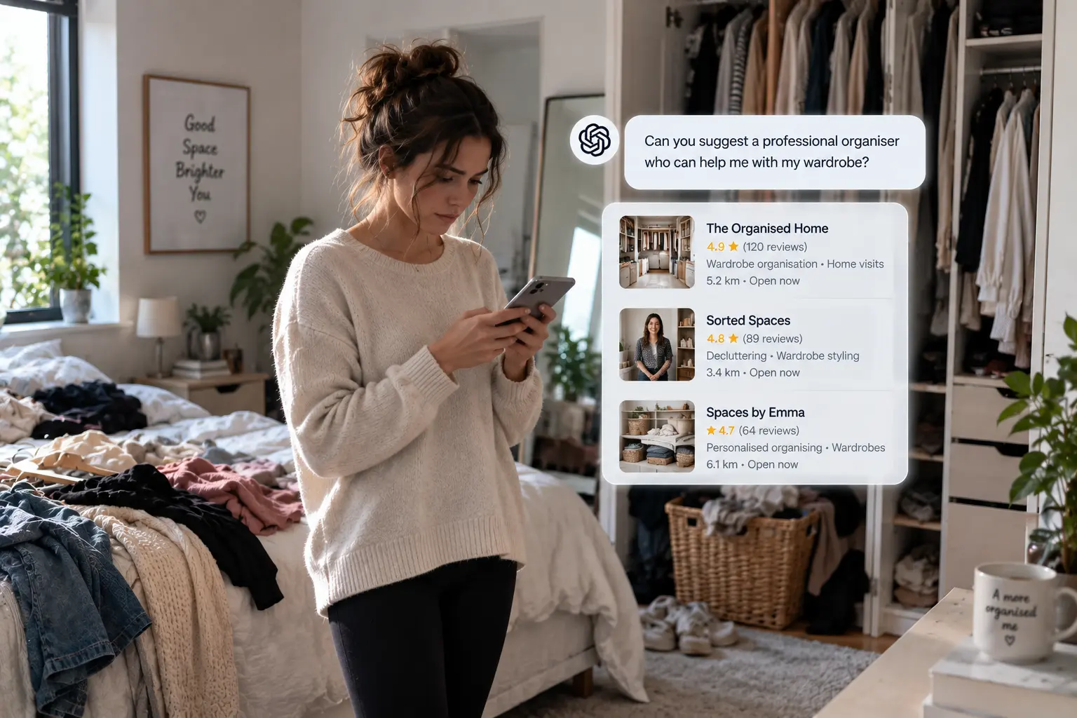 A women using AI to find a professional home organiser