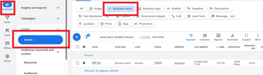 showing the business name, campaign level, and asset status.
