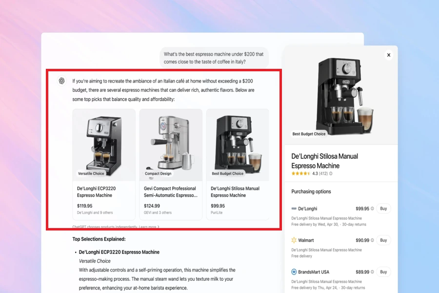 AI search Result shows the E-commerce products