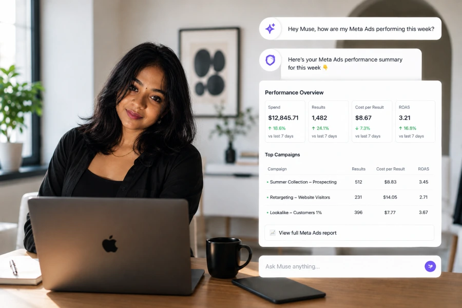 Meta Muse analyzing Meta Ads performance and campaign results for a small business. Meta Muse analyzing Meta Ads performance and campaign results for a small business.
