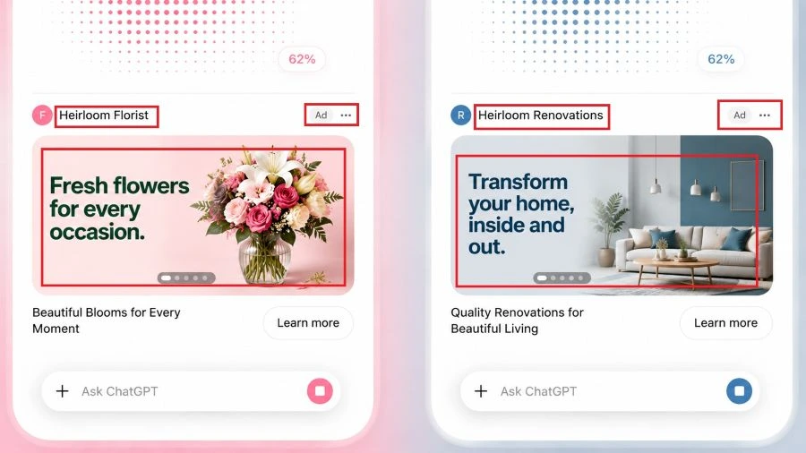 ChatGPT visual ad examples featuring a florist and home renovation services ChatGPT visual ad examples featuring a florist and home renovation services