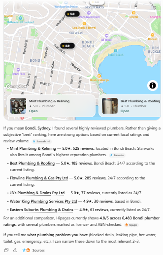 ChatGPT list of six Bondi plumbers with ratings and review counts, citing Starworks and Hipages as sources