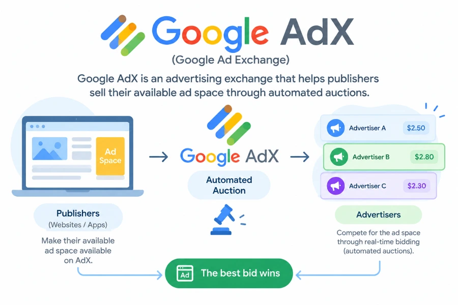 Google AdX advertising exchange connecting publishers and advertisers through automated ad auctions.