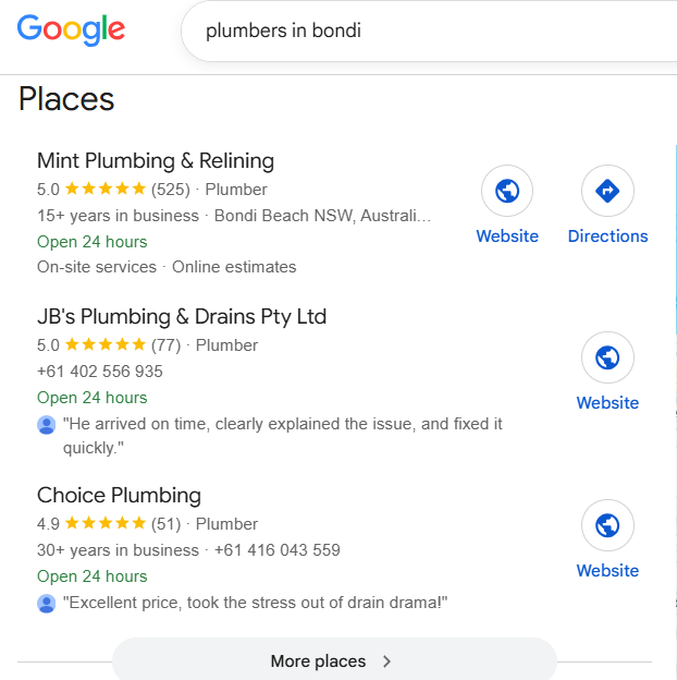 Google local pack for "plumbers in Bondi" showing three plumbing businesses with ratings