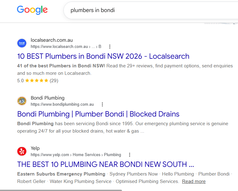 Google organic search results for "plumbers in Bondi" showing Localsearch, Bondi Plumbing and Yelp