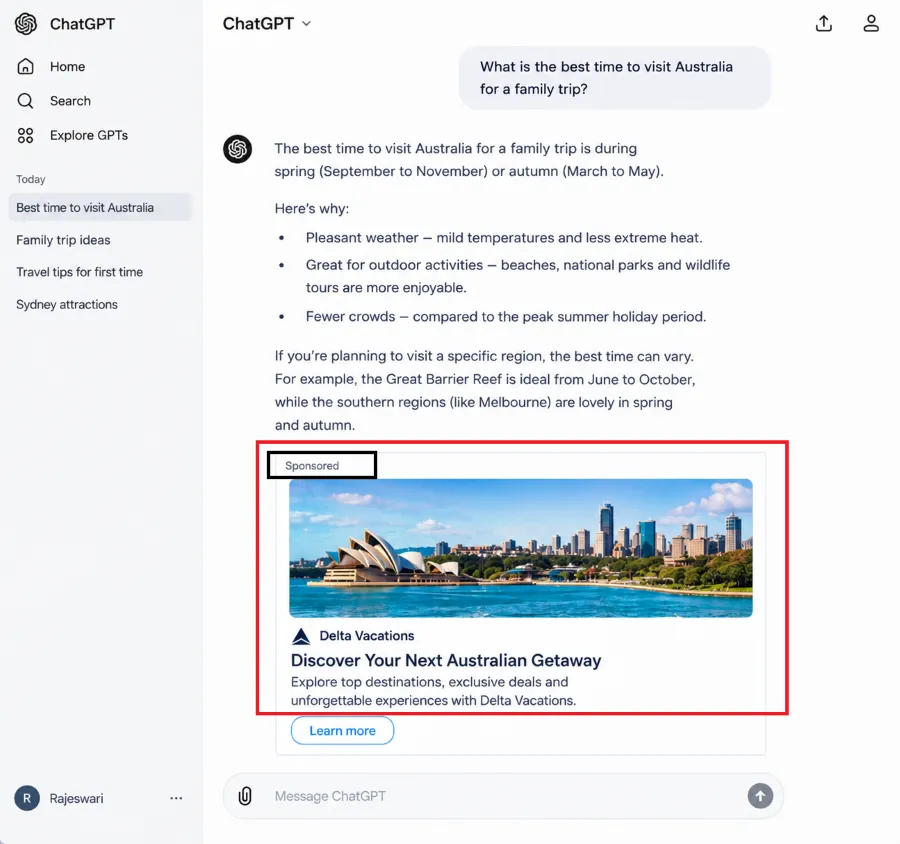 Sponsored ad displayed below a ChatGPT response. Sponsored ad displayed below a ChatGPT response.