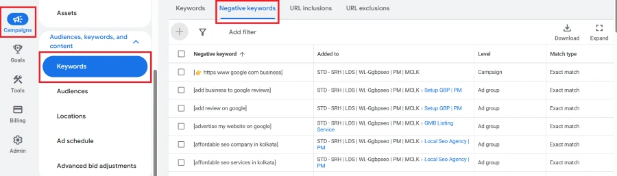Google Ads negative keyword review showing irrelevant search terms and excluded keywords to reduce wasted ad spend. Google Ads negative keyword review showing irrelevant search terms and excluded keywords to reduce wasted ad spend.