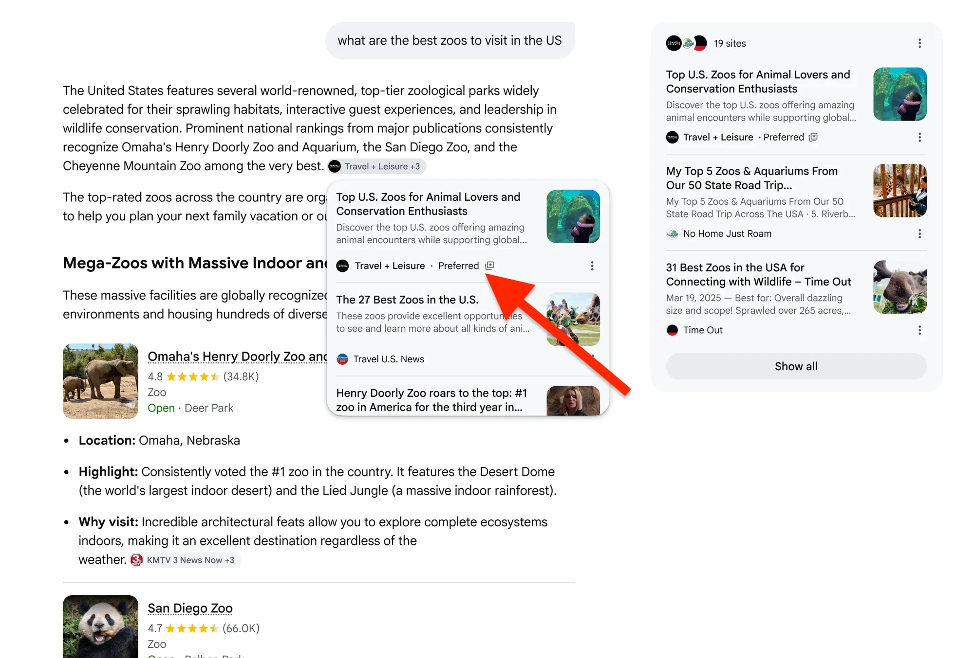 Google AI Search showing Preferred Sources, recommended publisher links, and a source carousel for a best zoos search query.