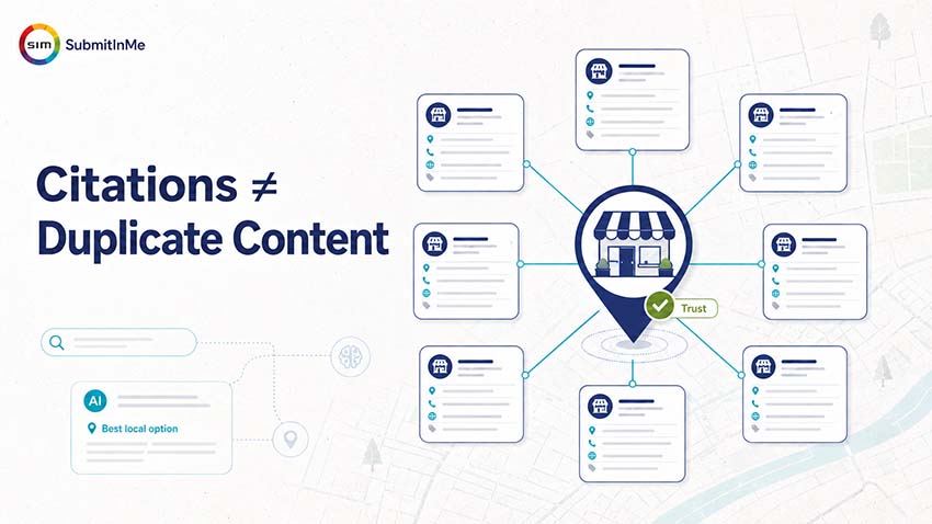 Local citations network showing SubmitInMe business listings building trust despite duplicate content concerns