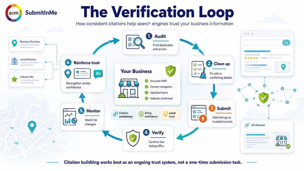 Citation building workflow by SubmitInMe showing how consistent business listings strengthen search trust