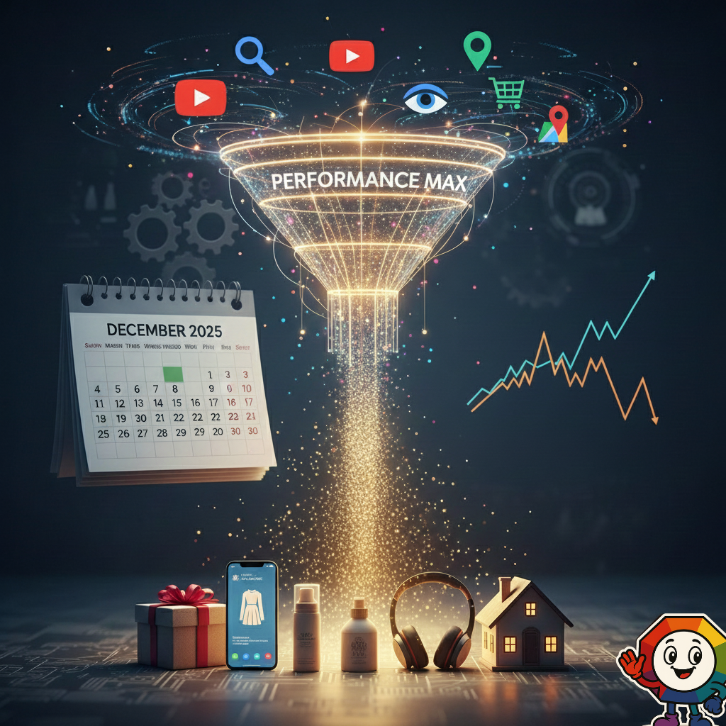 A visual representation of a 'Performance Max' campaign strategy. A glowing funnel takes in digital signals from various Google platforms (Search, YouTube, Shopping, Maps) and produces successful holiday retail outcomes (gifts, electronics, apparel, home goods). A December 2025 calendar and a chart contrasting 'Set-and-forget' with 'Consistent budget increases' highlight the importance of timely, strategic optimization