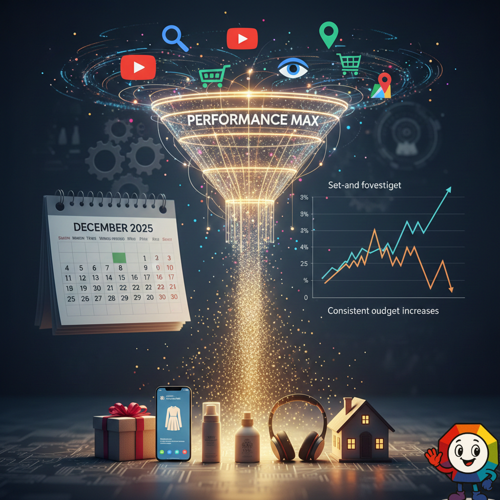 A visual representation of a 'Performance Max' campaign strategy. A glowing funnel takes in digital signals from various Google platforms (Search, YouTube, Shopping, Maps) and produces successful holiday retail outcomes (gifts, electronics, apparel, home goods). A December 2025 calendar and a chart contrasting 'Set-and-forget' with 'Consistent budget increases' highlight the importance of timely, strategic optimization