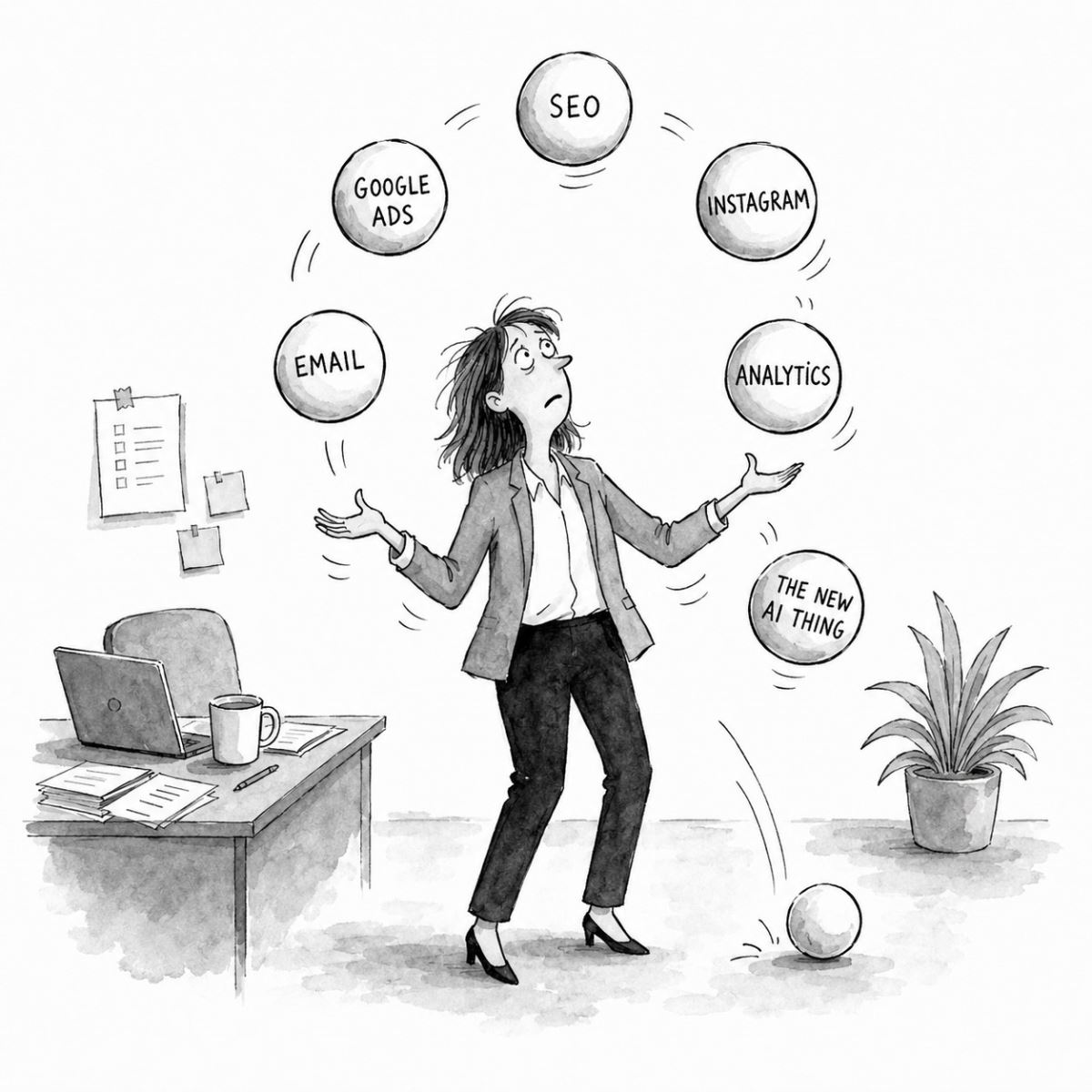 An illustration of an overwhelmed marketing professional juggling SEO, Instagram, and Google Ads responsibilities.
