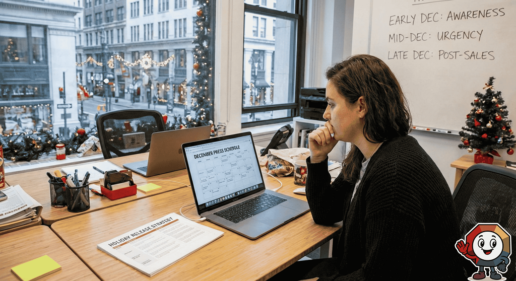 A person is at a desk in a decorated office, reviewing a "DECEMBER PRESS SCHEDULE" on a laptop. A document titled "HOLIDAY RELEASE STRATEGY" is on the desk, and a whiteboard in the background lists "EARLY DEC: AWARENESS," "MID-DEC: URGENCY," and "LATE DEC: POST-SALES