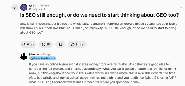Screenshot of an r/SEO Reddit discussion asking whether SEO is still enough or if marketers should start focusing on Generative Engine Optimization (GEO), including a comment about AI tools like ChatGPT and changing traffic patterns