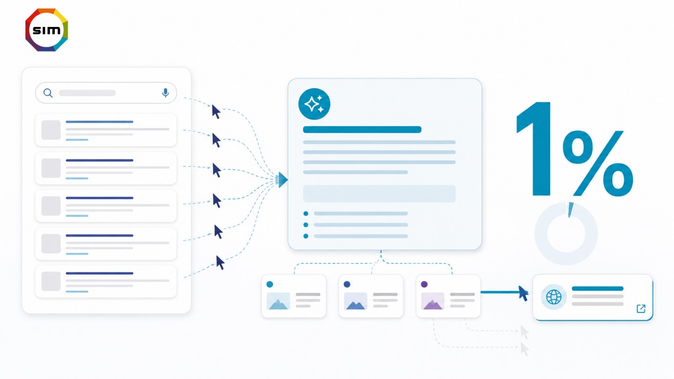 Submitinme SEO graphic illustrating Google AI Overview citations and the 1% click-through rate from search results.