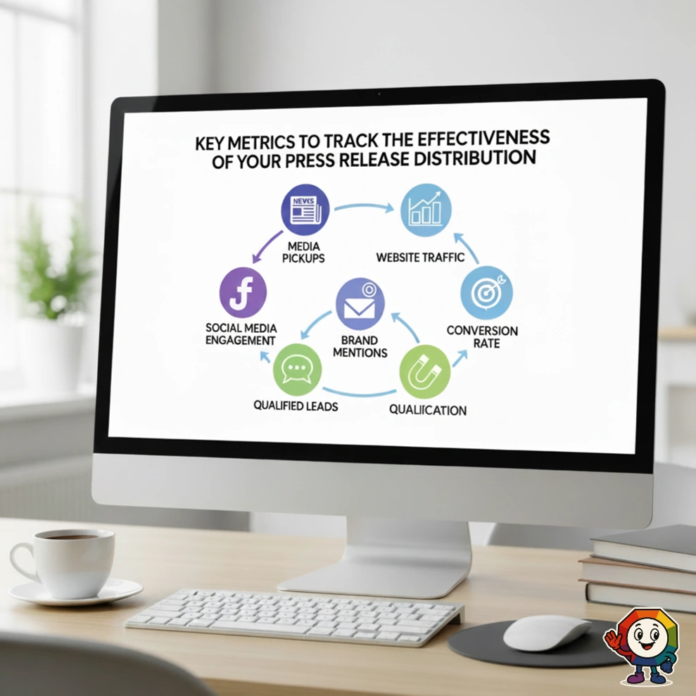 Key Metrics infographic on a desktop monitor showing press release distribution performance by SubmitInMe