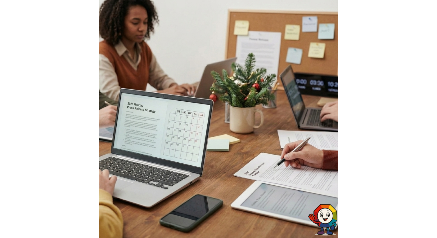 A marketing team collaborating at a wooden conference table with laptops and tablets, reviewing documents for a 2025 holiday press release strategy. The workspace features subtle seasonal decor, representing professional holiday campaign planning