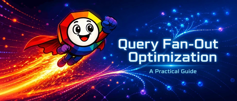 SubmitInMe graphic presents Query Fan-Out Optimization with a flying mascot and neural network visuals