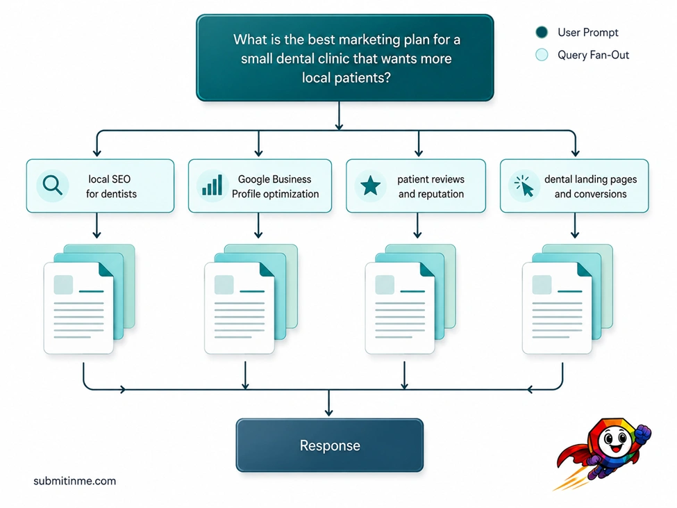 SubmitInMe infographic shows Query Fan-Out Optimization splitting one prompt into four targeted search topics