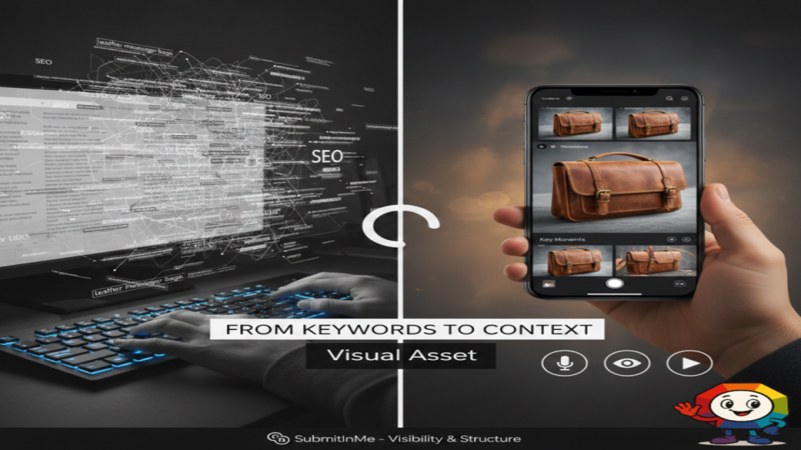 A split-screen graphic illustrating Multimodal search and the evolution of Visual search SEO. On the left, a person types on a backlit keyboard representing traditional SEO, while the right side displays a smartphone showing leather bags, showcasing Multimodal SEO and the shift to Search beyond keywords. The text "From Keywords to Context" emphasizes the future of search engines.