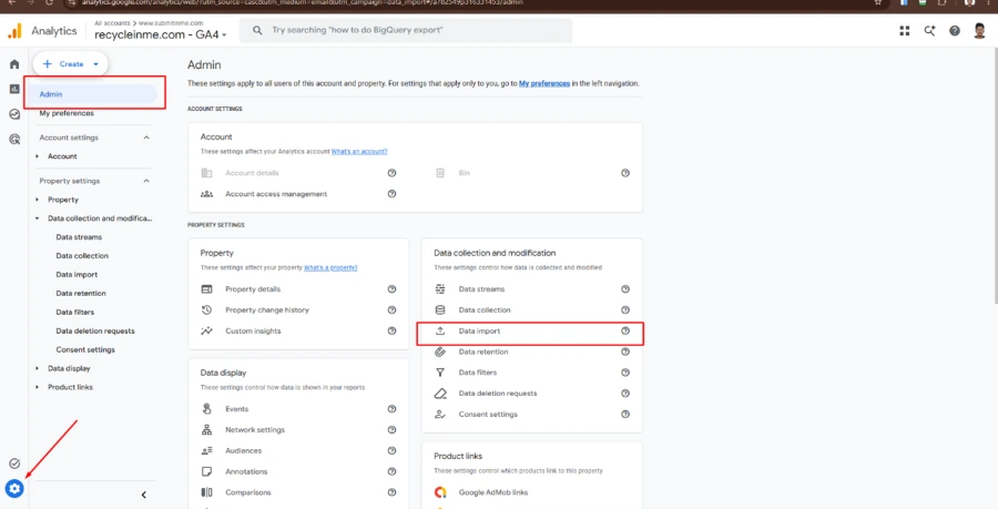 Step-by-step guide showing how to open a Google Analytics property and navigate to Admin → Data Import. Step-by-step guide showing how to open a Google Analytics property and navigate to Admin → Data Import.