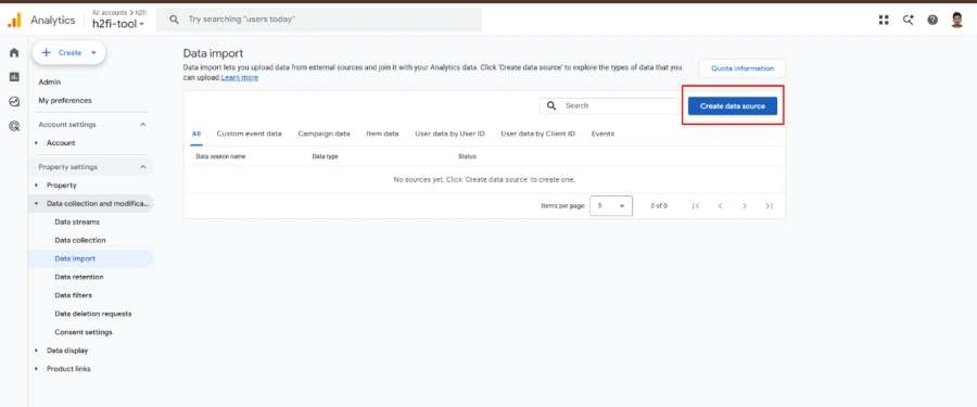Step 3 showing how to click Create data source in Google Analytics Data Import. Step 3 showing how to click Create data source in Google Analytics Data Import.