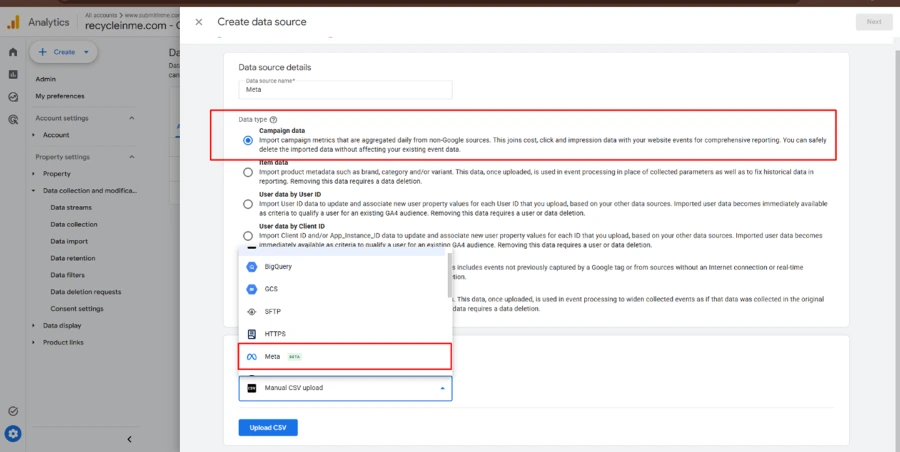 Steps 4 and 5 showing how to select Campaign data, choose Meta, and click Next in Google Analytics. Steps 4 and 5 showing how to select Campaign data, choose Meta, and click Next in Google Analytics.
